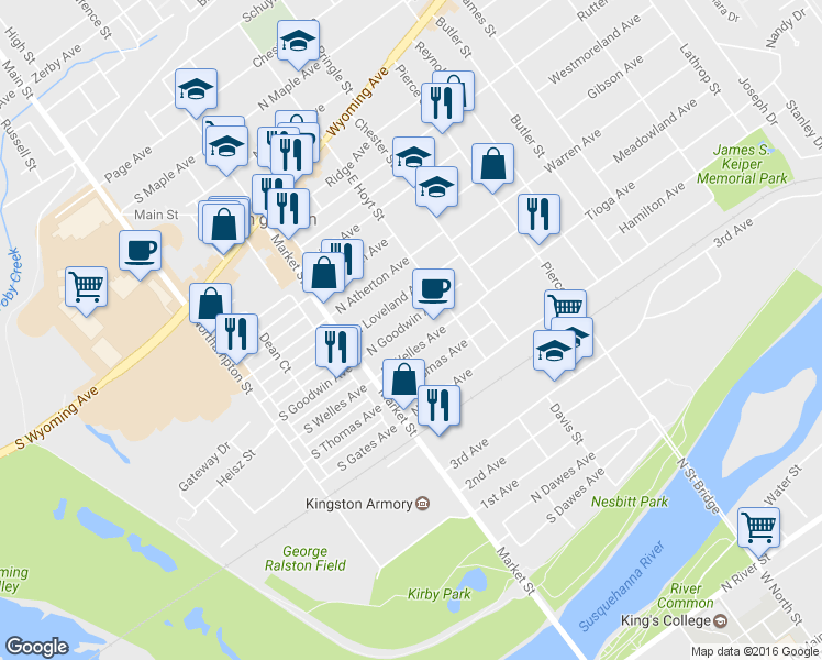 map of restaurants, bars, coffee shops, grocery stores, and more near 89 North Goodwin Avenue in Kingston