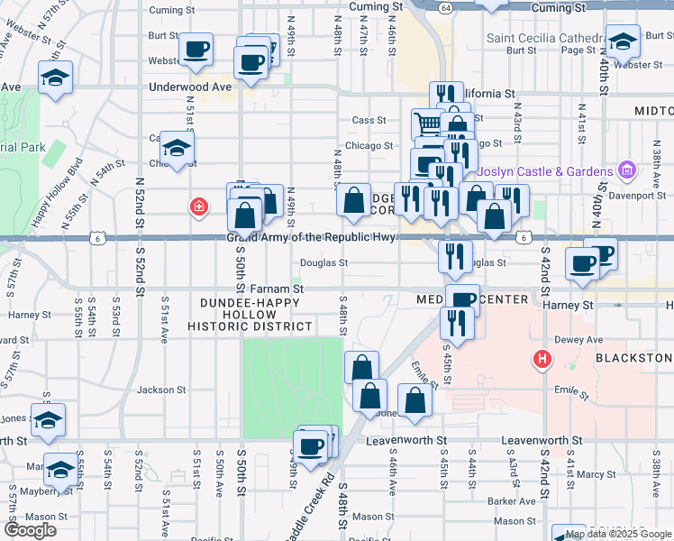 map of restaurants, bars, coffee shops, grocery stores, and more near 204 South 48th Street in Omaha
