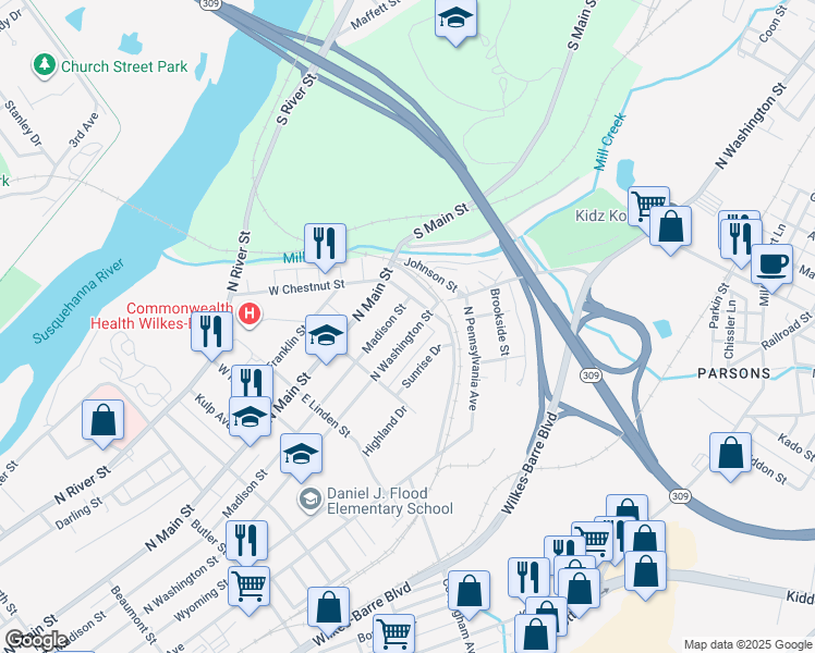 map of restaurants, bars, coffee shops, grocery stores, and more near 531-599 Madison Street in Wilkes-Barre
