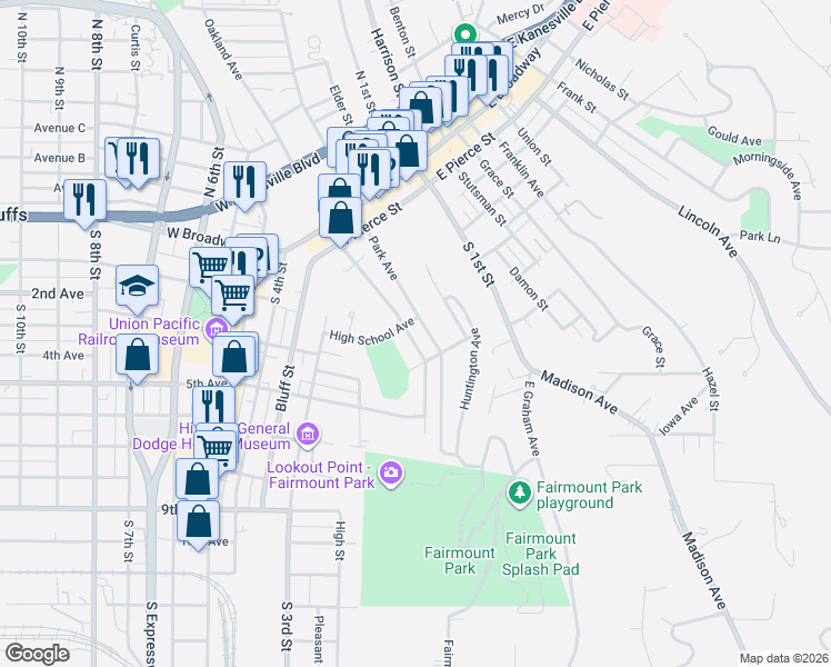 map of restaurants, bars, coffee shops, grocery stores, and more near 199 Glen Avenue in Council Bluffs