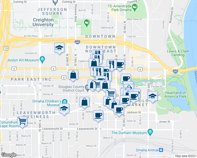 map of restaurants, bars, coffee shops, grocery stores, and more near 1516 Douglas Street in Omaha
