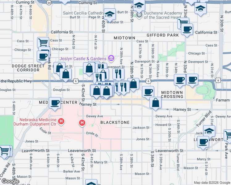 map of restaurants, bars, coffee shops, grocery stores, and more near 117 South 39th Street in Omaha