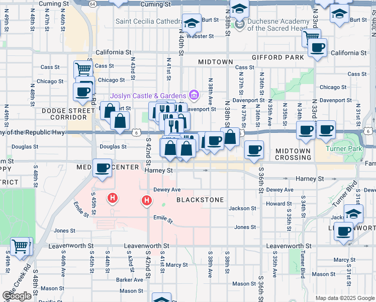 map of restaurants, bars, coffee shops, grocery stores, and more near 119 South 40th Street in Omaha