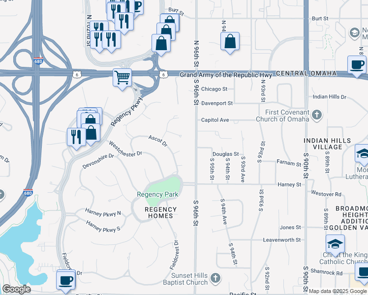 map of restaurants, bars, coffee shops, grocery stores, and more near 9742 Ascot Drive in Omaha