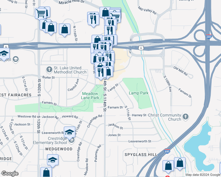 map of restaurants, bars, coffee shops, grocery stores, and more near 11014 Lamp Street in Omaha