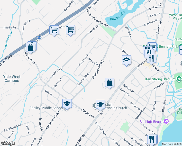 map of restaurants, bars, coffee shops, grocery stores, and more near 205 Country Hill Drive in West Haven