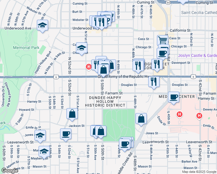 map of restaurants, bars, coffee shops, grocery stores, and more near 108 South 49th Avenue in Omaha