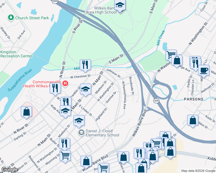 map of restaurants, bars, coffee shops, grocery stores, and more near 531-599 Madison Street in Wilkes-Barre
