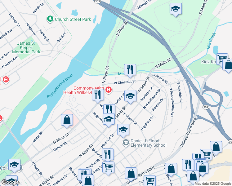 map of restaurants, bars, coffee shops, grocery stores, and more near 36 Auburn Street in Wilkes-Barre