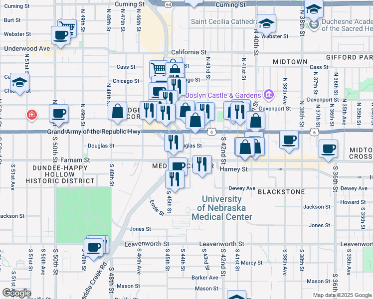 map of restaurants, bars, coffee shops, grocery stores, and more near 116 South 44th Street in Omaha