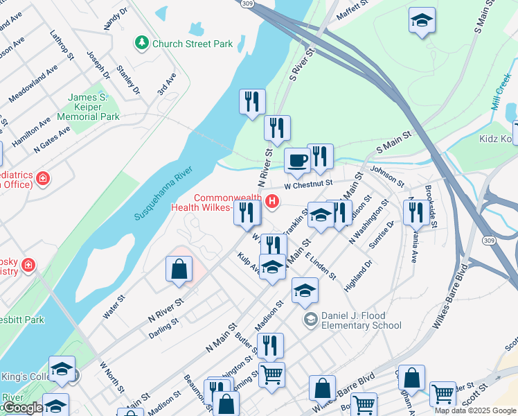 map of restaurants, bars, coffee shops, grocery stores, and more near in Wilkes-Barre