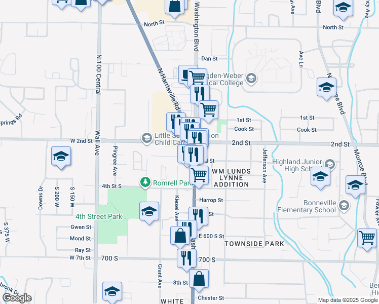 map of restaurants, bars, coffee shops, grocery stores, and more near 373 2nd Street in Ogden