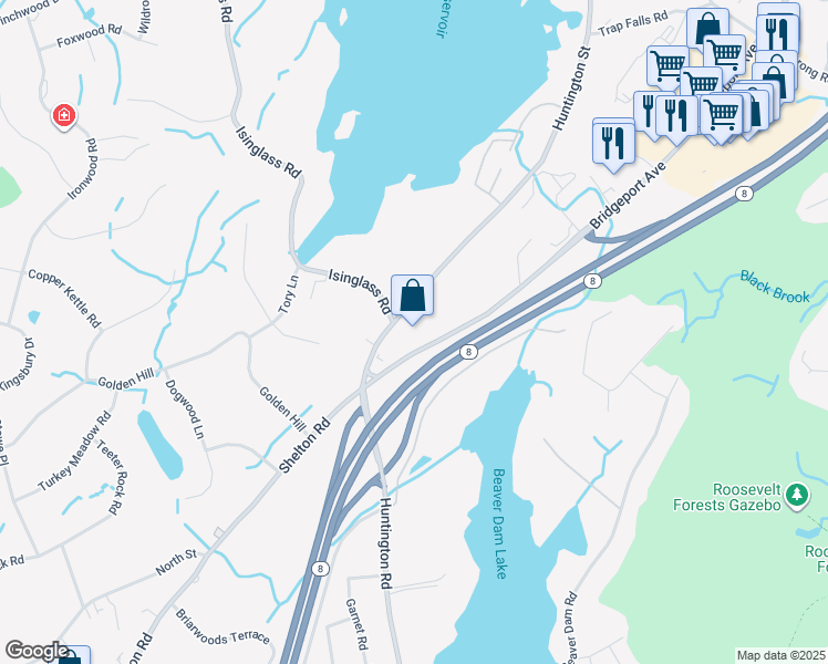 map of restaurants, bars, coffee shops, grocery stores, and more near 1055 Bridgeport Avenue in Shelton