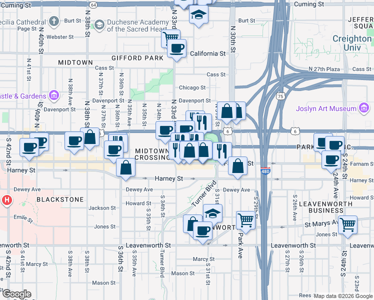 map of restaurants, bars, coffee shops, grocery stores, and more near 200 South 31st Avenue in Omaha