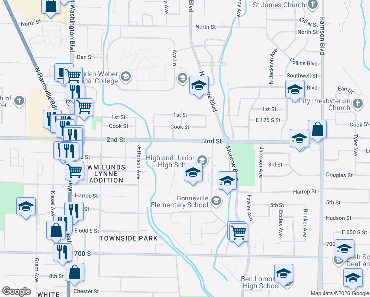 map of restaurants, bars, coffee shops, grocery stores, and more near 739 Utah 203 in Ogden