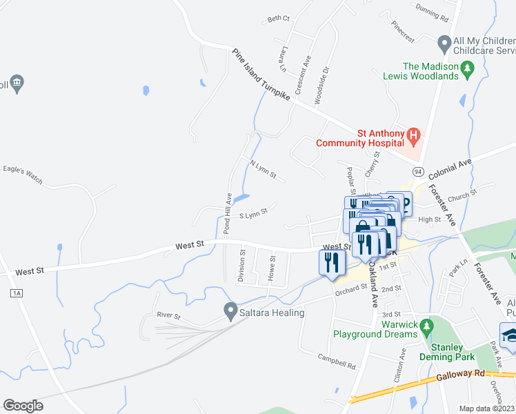 map of restaurants, bars, coffee shops, grocery stores, and more near 15 South Lynn Street in Warwick