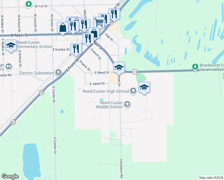 map of restaurants, bars, coffee shops, grocery stores, and more near 305 Carol Lane in Braidwood