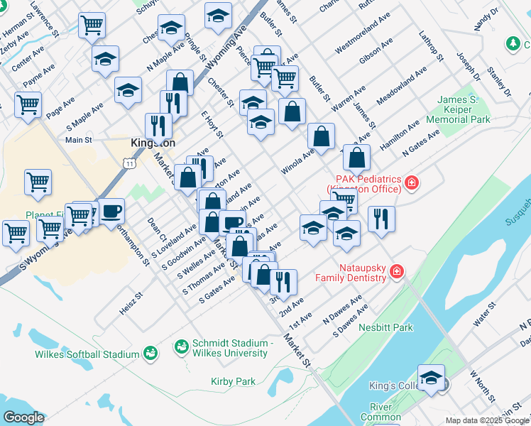 map of restaurants, bars, coffee shops, grocery stores, and more near 86 North Welles Avenue in Kingston