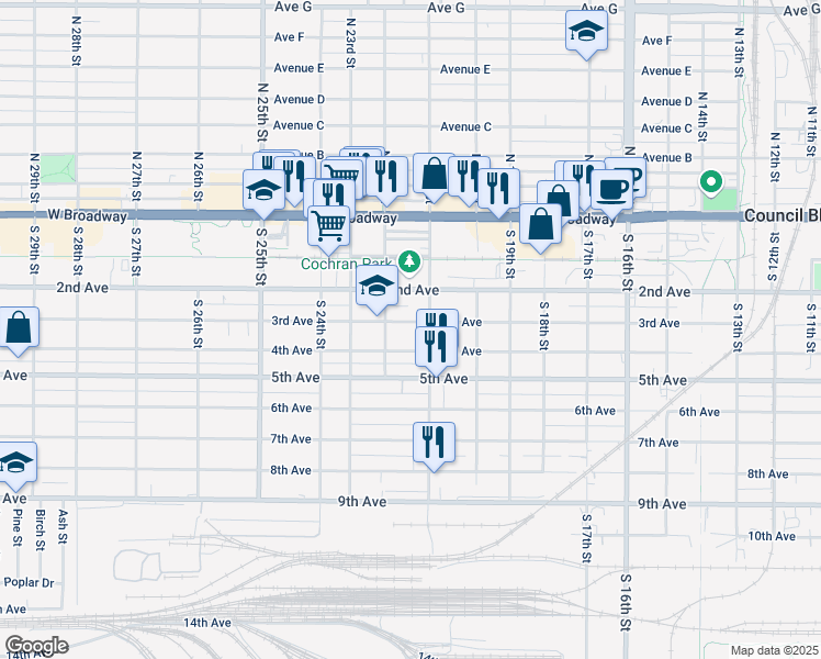 map of restaurants, bars, coffee shops, grocery stores, and more near 210 South 21st Street in Council Bluffs
