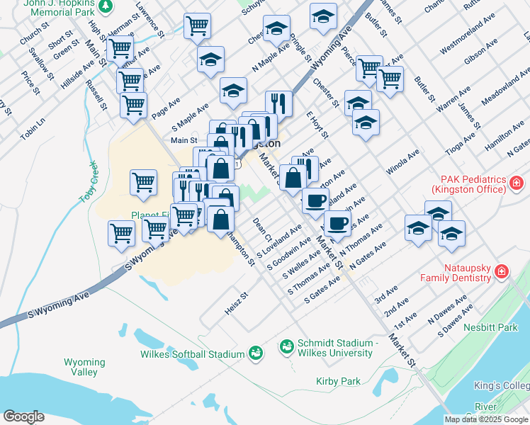 map of restaurants, bars, coffee shops, grocery stores, and more near 46 South Landon Avenue in Kingston