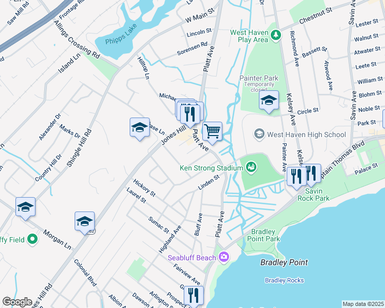 map of restaurants, bars, coffee shops, grocery stores, and more near 23 Carroll Street in West Haven