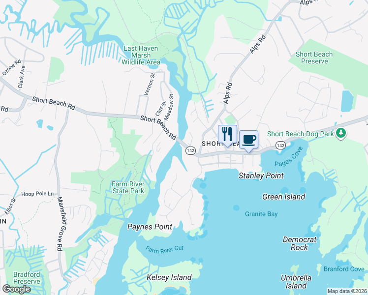 map of restaurants, bars, coffee shops, grocery stores, and more near 4 Shore Drive in Branford
