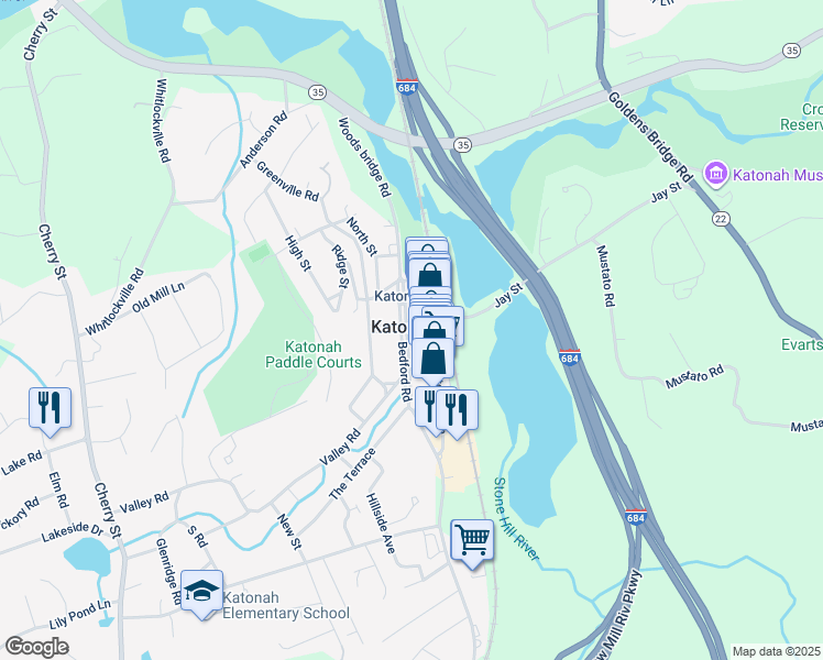 map of restaurants, bars, coffee shops, grocery stores, and more near 95 Katonah Avenue in Katonah