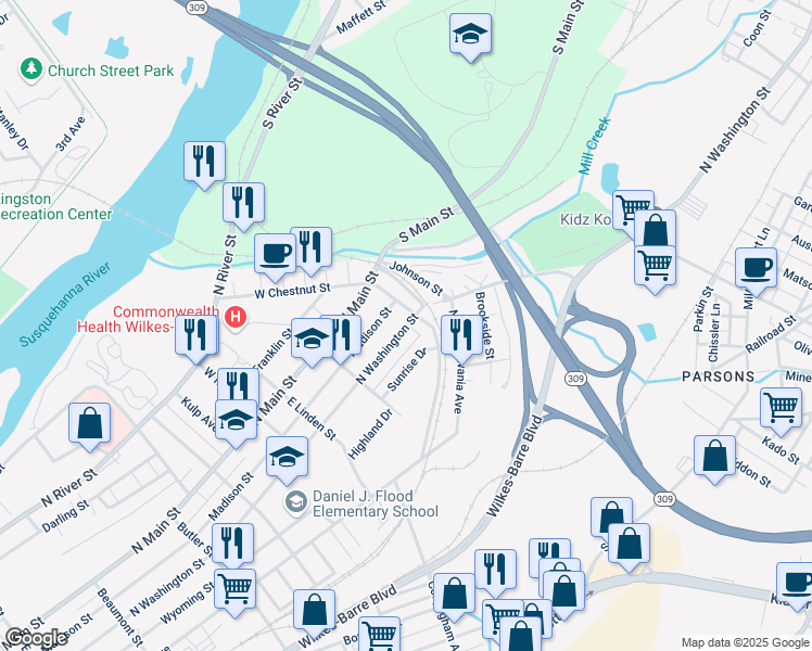 map of restaurants, bars, coffee shops, grocery stores, and more near 531-599 Madison Street in Wilkes-Barre