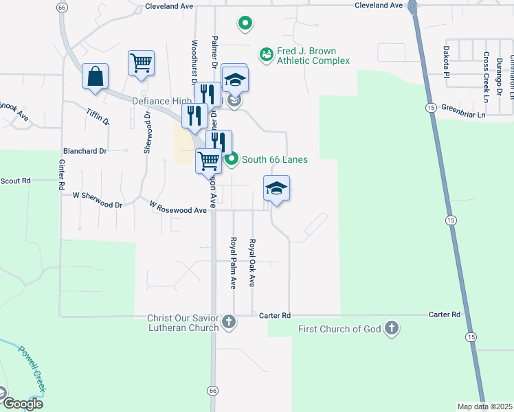 map of restaurants, bars, coffee shops, grocery stores, and more near 344 East Rosewood Avenue in Defiance