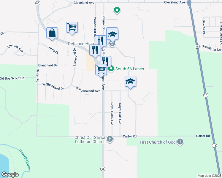 map of restaurants, bars, coffee shops, grocery stores, and more near 316 East Rosewood Avenue in Defiance