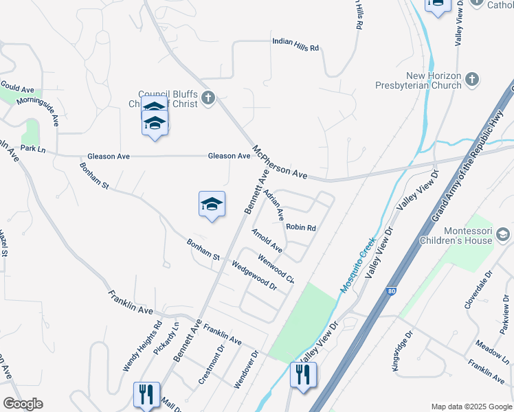 map of restaurants, bars, coffee shops, grocery stores, and more near 28 Bennett Avenue in Council Bluffs
