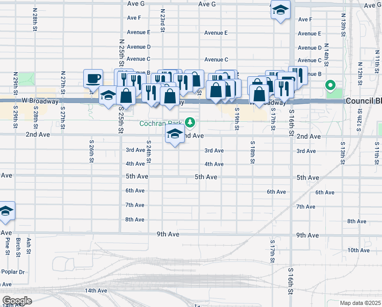 map of restaurants, bars, coffee shops, grocery stores, and more near 210 South 21st Street in Council Bluffs