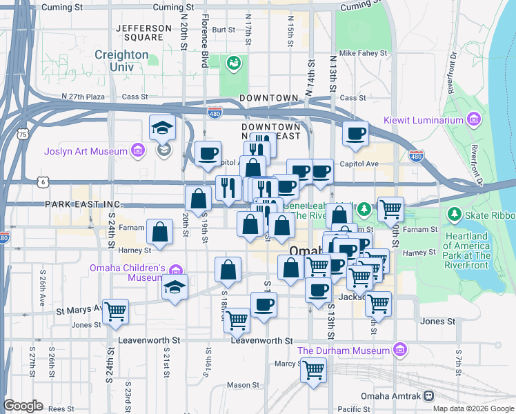 map of restaurants, bars, coffee shops, grocery stores, and more near in Omaha