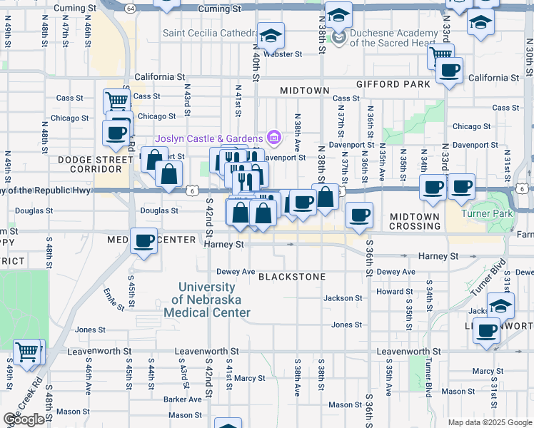 map of restaurants, bars, coffee shops, grocery stores, and more near 119 South 40th Street in Omaha