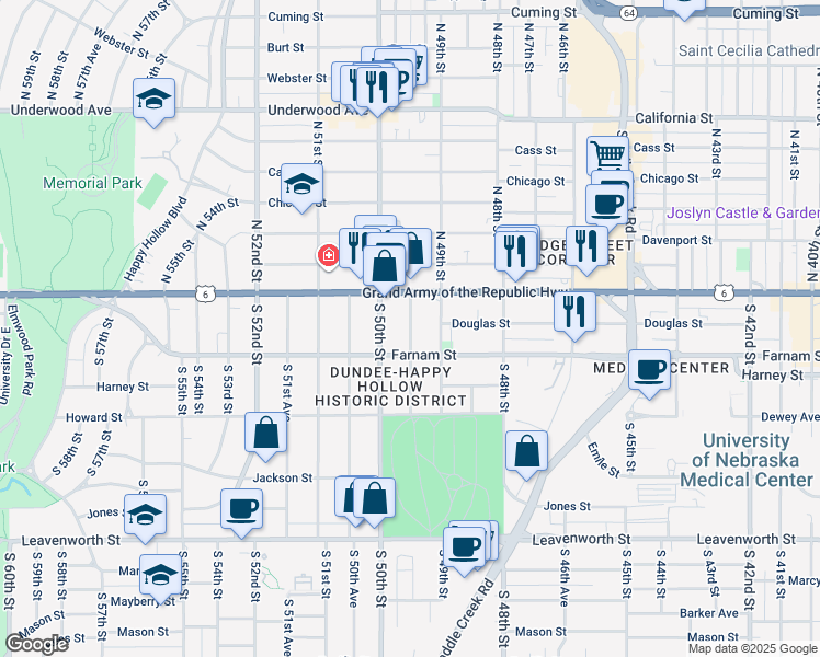 map of restaurants, bars, coffee shops, grocery stores, and more near 108 South 49th Avenue in Omaha