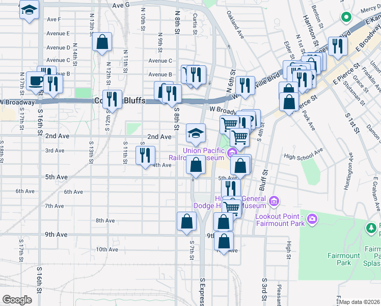 map of restaurants, bars, coffee shops, grocery stores, and more near 210 South 7th Street in Council Bluffs