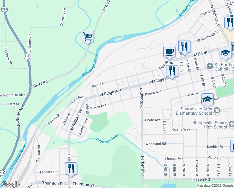 map of restaurants, bars, coffee shops, grocery stores, and more near 1206 West Ridge Avenue in Sharpsville