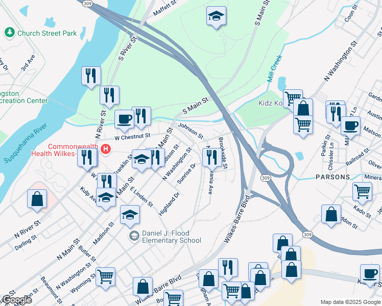 map of restaurants, bars, coffee shops, grocery stores, and more near 777 North Washington Street in Wilkes-Barre