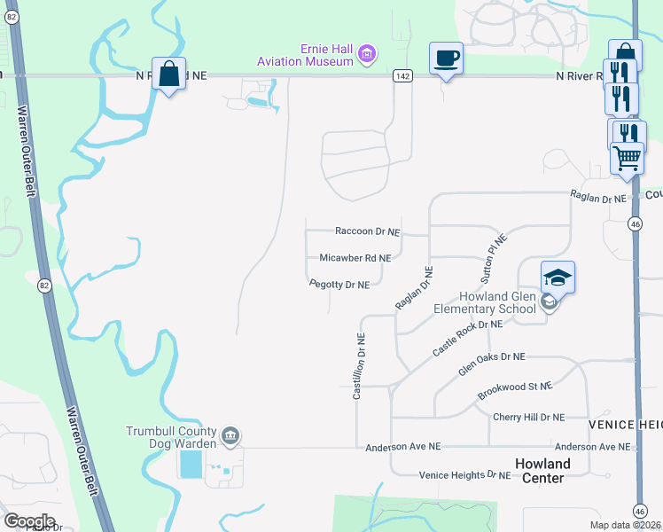 map of restaurants, bars, coffee shops, grocery stores, and more near 7677 Micawber Road Northeast in Warren