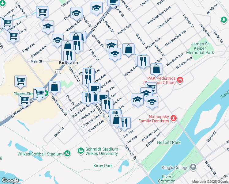 map of restaurants, bars, coffee shops, grocery stores, and more near 86 North Welles Avenue in Kingston