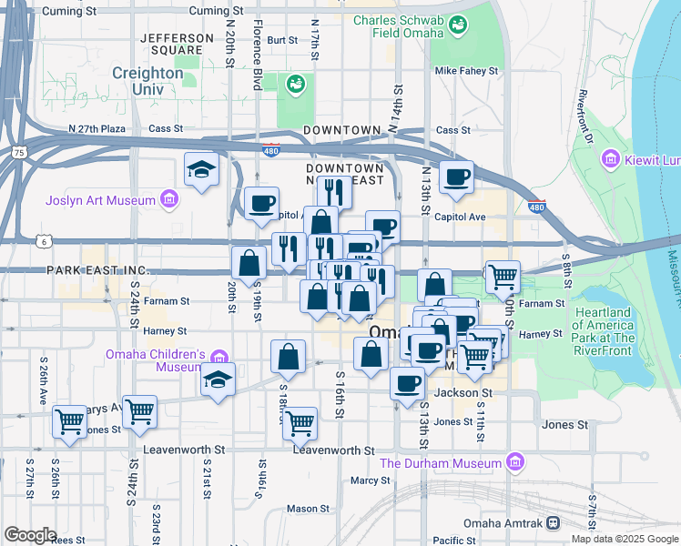 map of restaurants, bars, coffee shops, grocery stores, and more near 200 South 16th Street in Omaha