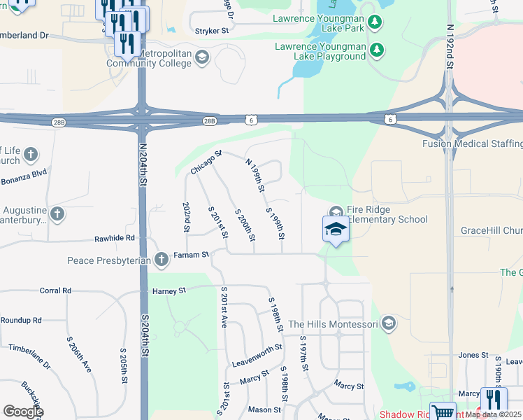 map of restaurants, bars, coffee shops, grocery stores, and more near 19829 Douglas Circle in Omaha