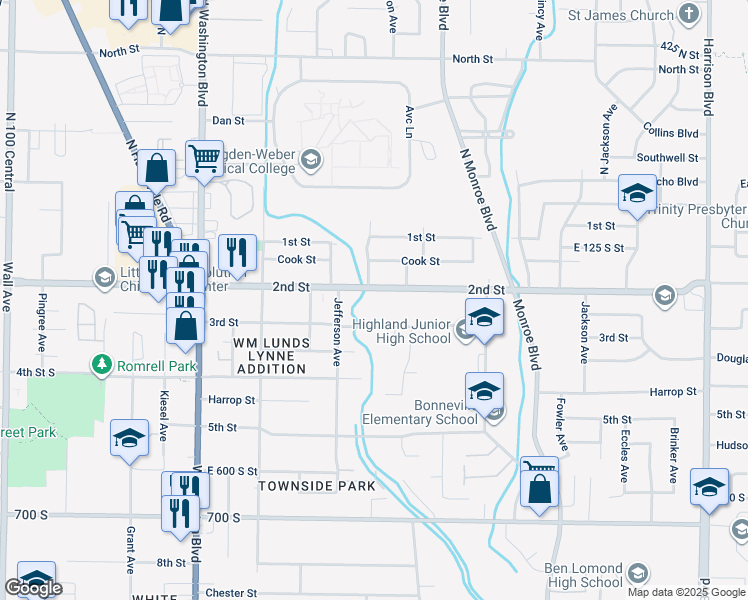 map of restaurants, bars, coffee shops, grocery stores, and more near 661 Utah 203 in Ogden