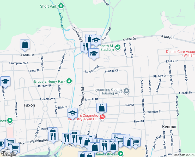 map of restaurants, bars, coffee shops, grocery stores, and more near 1802 Loyalsock Drive in Williamsport