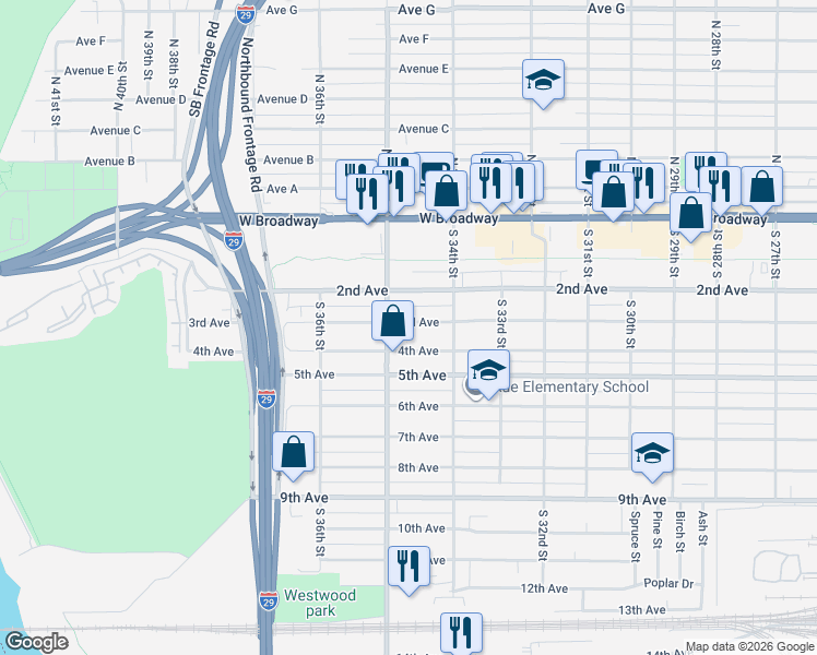 map of restaurants, bars, coffee shops, grocery stores, and more near 3442 3rd Avenue in Council Bluffs