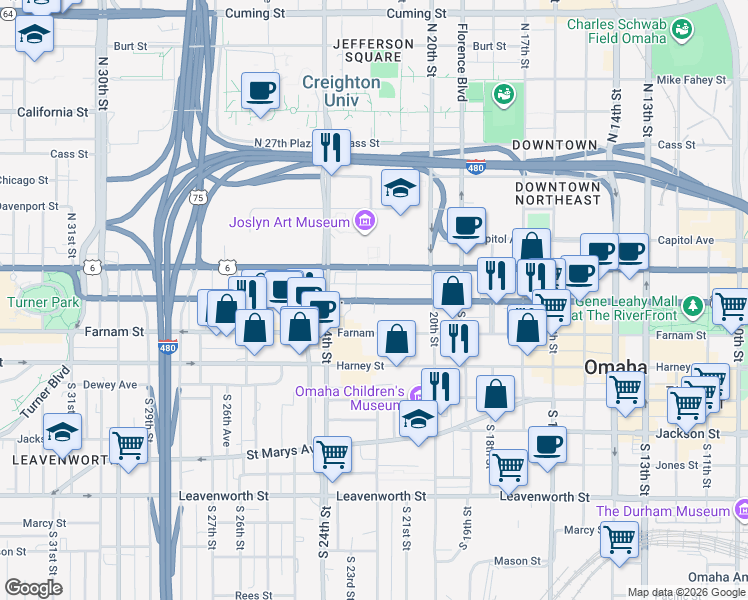 map of restaurants, bars, coffee shops, grocery stores, and more near 2202 Douglas Street in Omaha