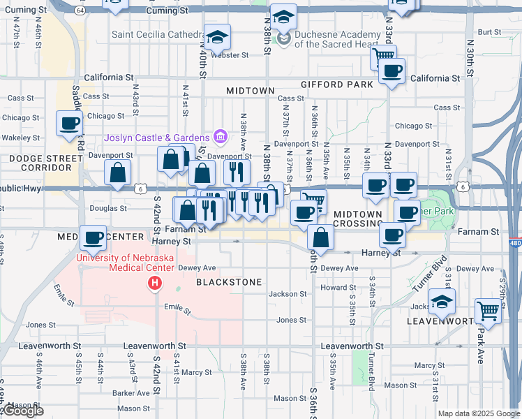 map of restaurants, bars, coffee shops, grocery stores, and more near 117 South 38th Avenue in Omaha