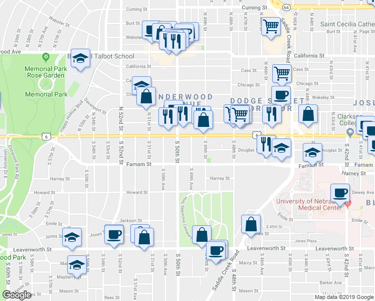 map of restaurants, bars, coffee shops, grocery stores, and more near 108 South 49th Avenue in Omaha