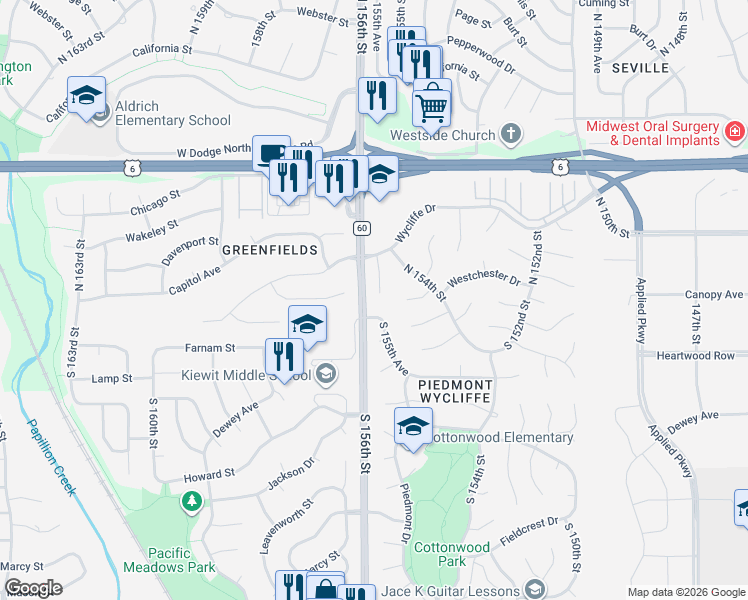 map of restaurants, bars, coffee shops, grocery stores, and more near 316 North 155th Circle in Omaha