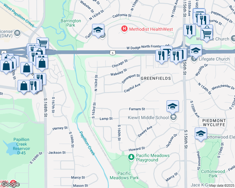 map of restaurants, bars, coffee shops, grocery stores, and more near 16138 Capitol Avenue in Omaha